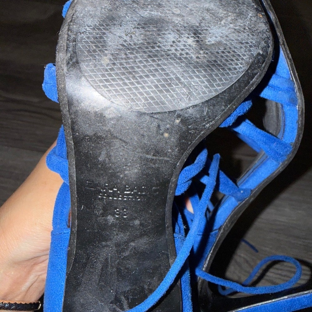Zara Lace Up Heels Size 38 Blue Strappy Stiletto Sexy‎ Cage Sandals - Picture 6 of 6